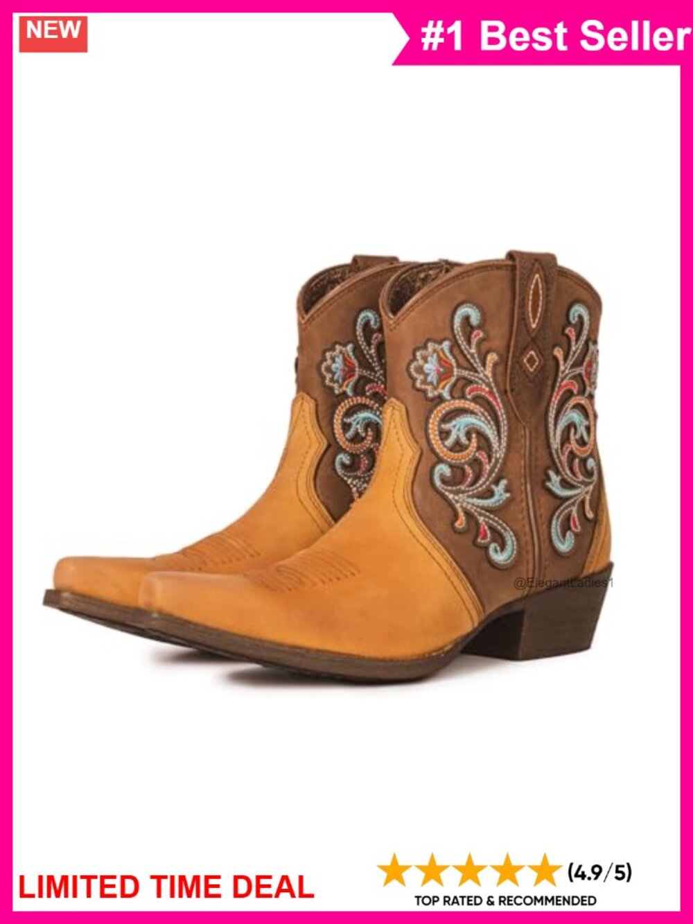 Genuine Leather Western Cowboy Ankle Booties Low Chunky Heel